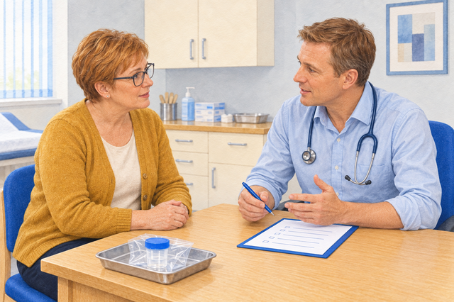 Healthcare professional discussing bladder and kidney cancer symptoms with a patient