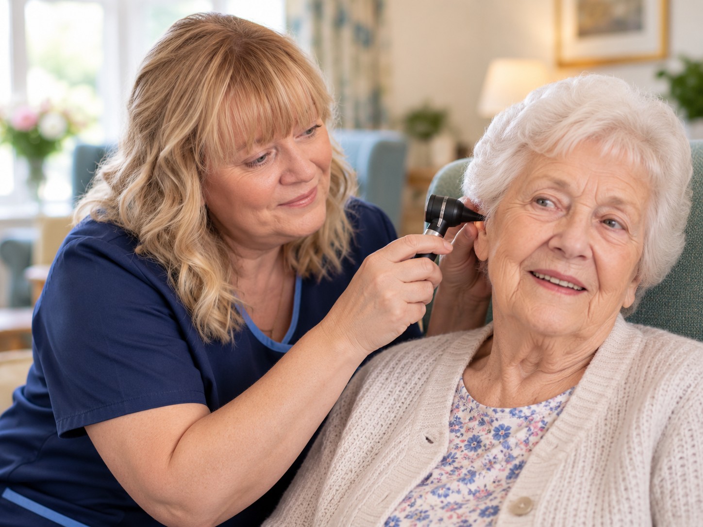 Earworx clinician examining a care home resident's ear