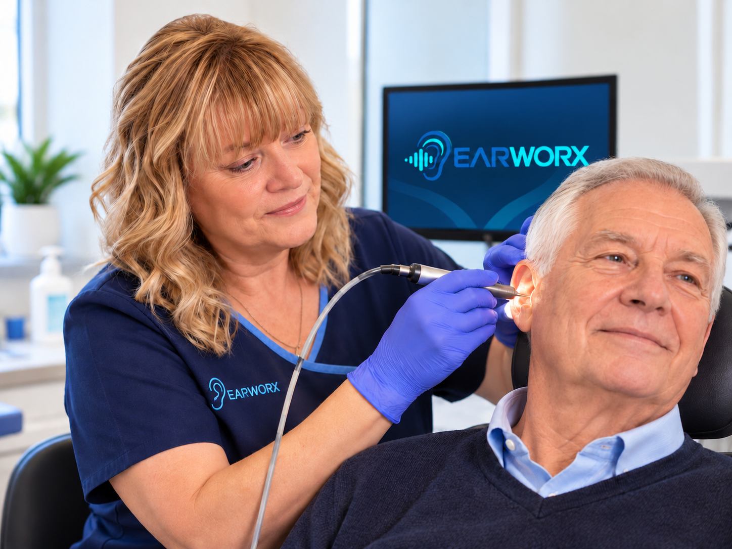 Earworx clinician using a handheld instrument to examine an older male patient's ear during a clinical appointment.  Copy alt text