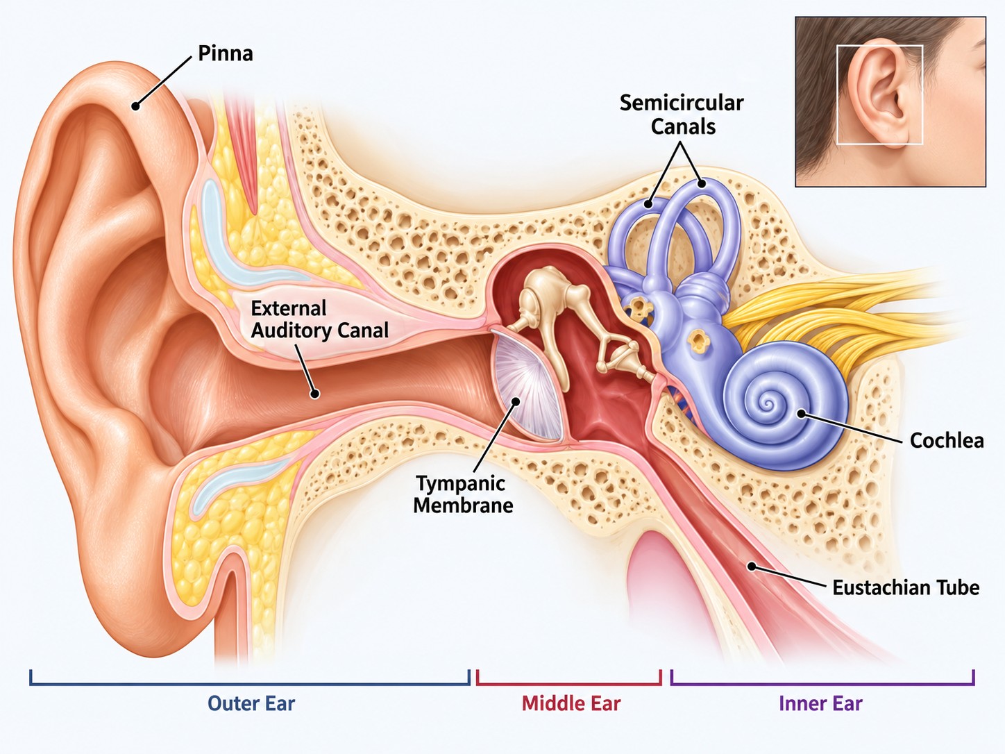 Labelled diagram of the human ear showing the outer, middle and inner ear, ear canal, eardrum, cochlea, semicircular canals and Eustachian tube.