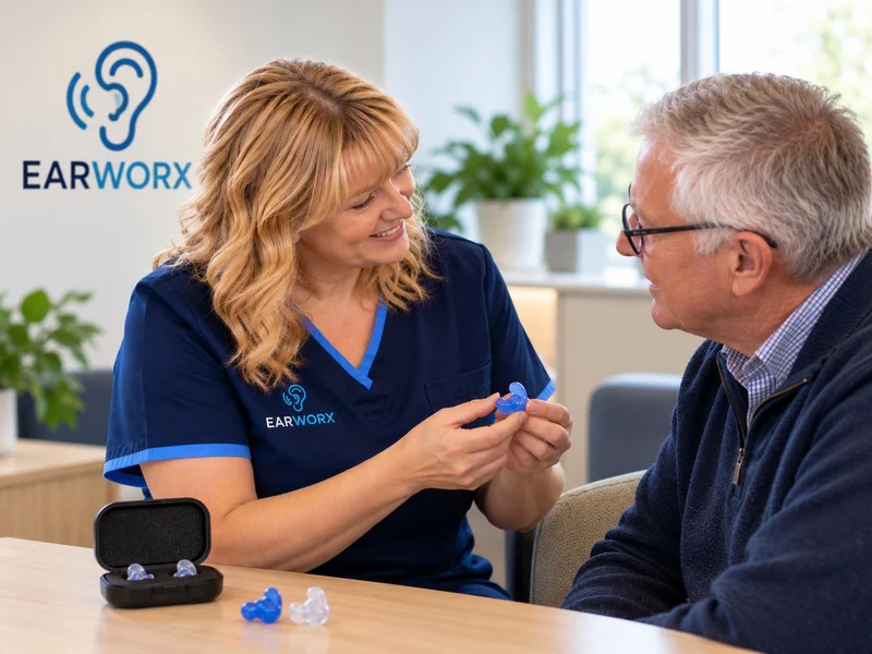 Earworx practitioner showing a patient a custom-moulded ear plug
