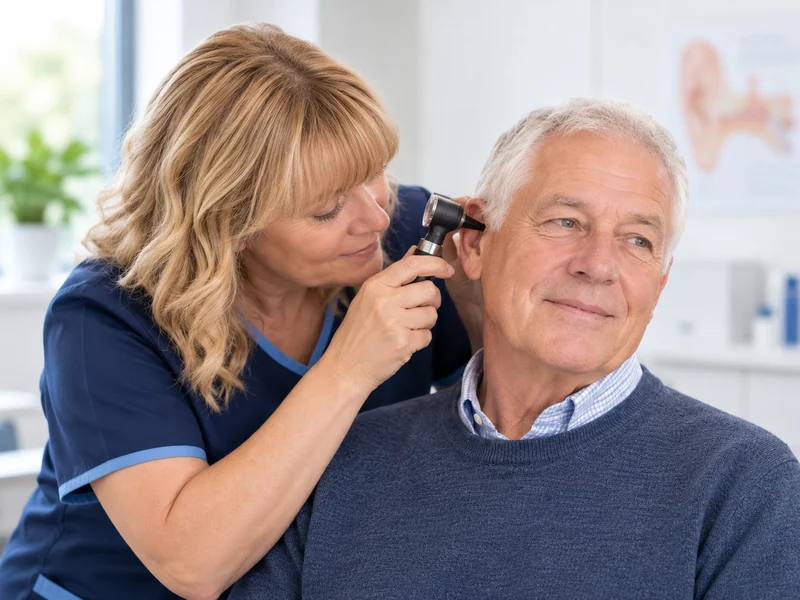 Earworx practitioner examining an older man’s ear using an otoscope