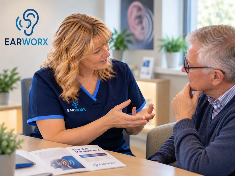 Earworx practitioner discussing tinnitus symptoms and management with a patient
