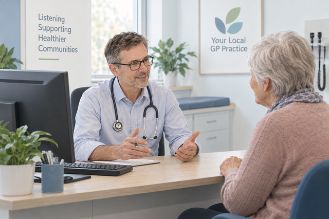 Doctor, nurse, receptionist and patient at a GP practice