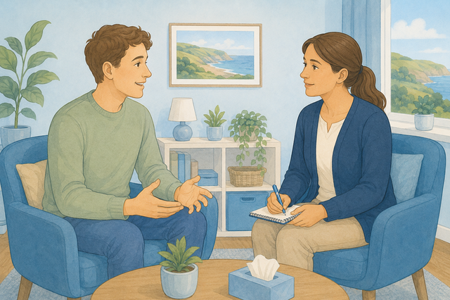 A patient having a supportive conversation about mental health