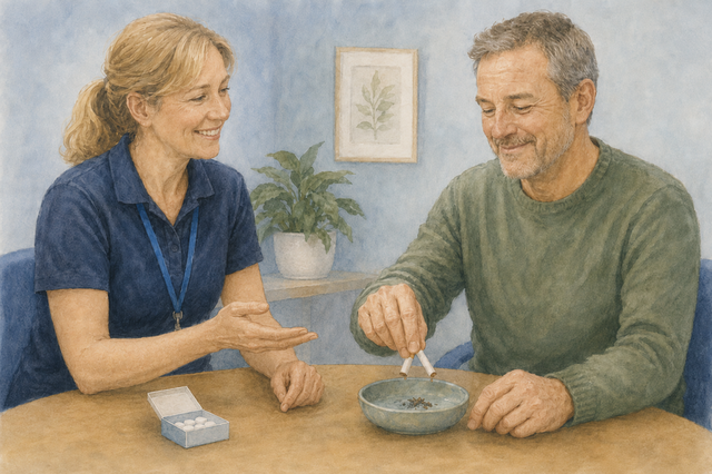 Quit smoking adviser and quitting patient putting broken cigarett in ash tray