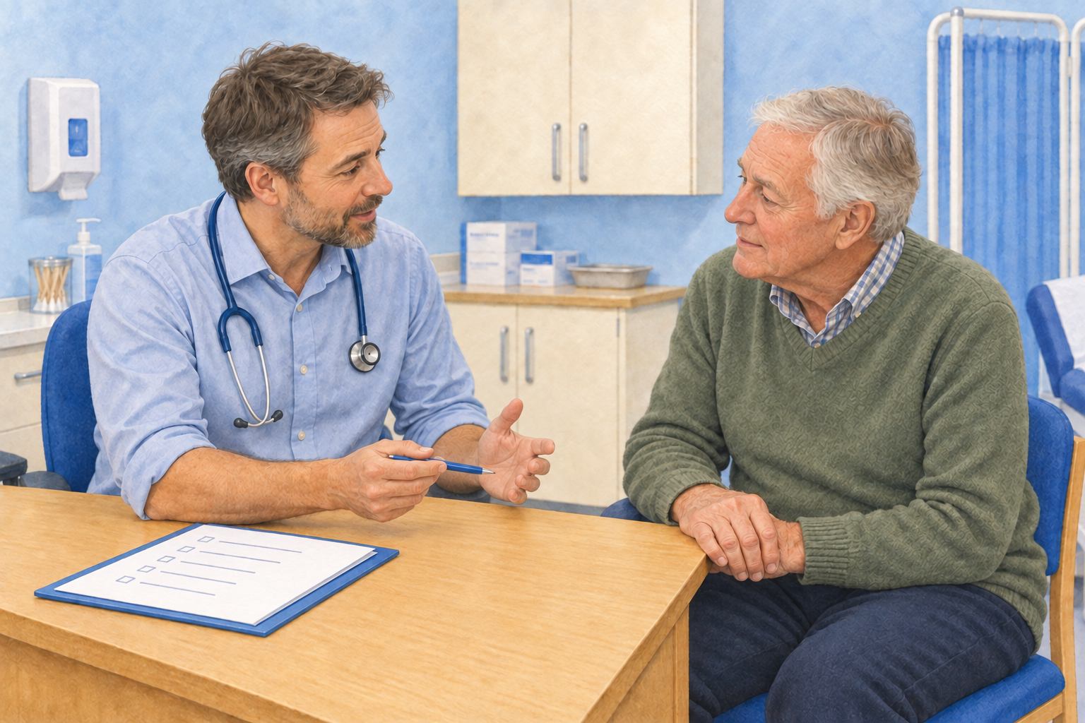 Healthcare professional discussing prostate and testicular cancer with a patient