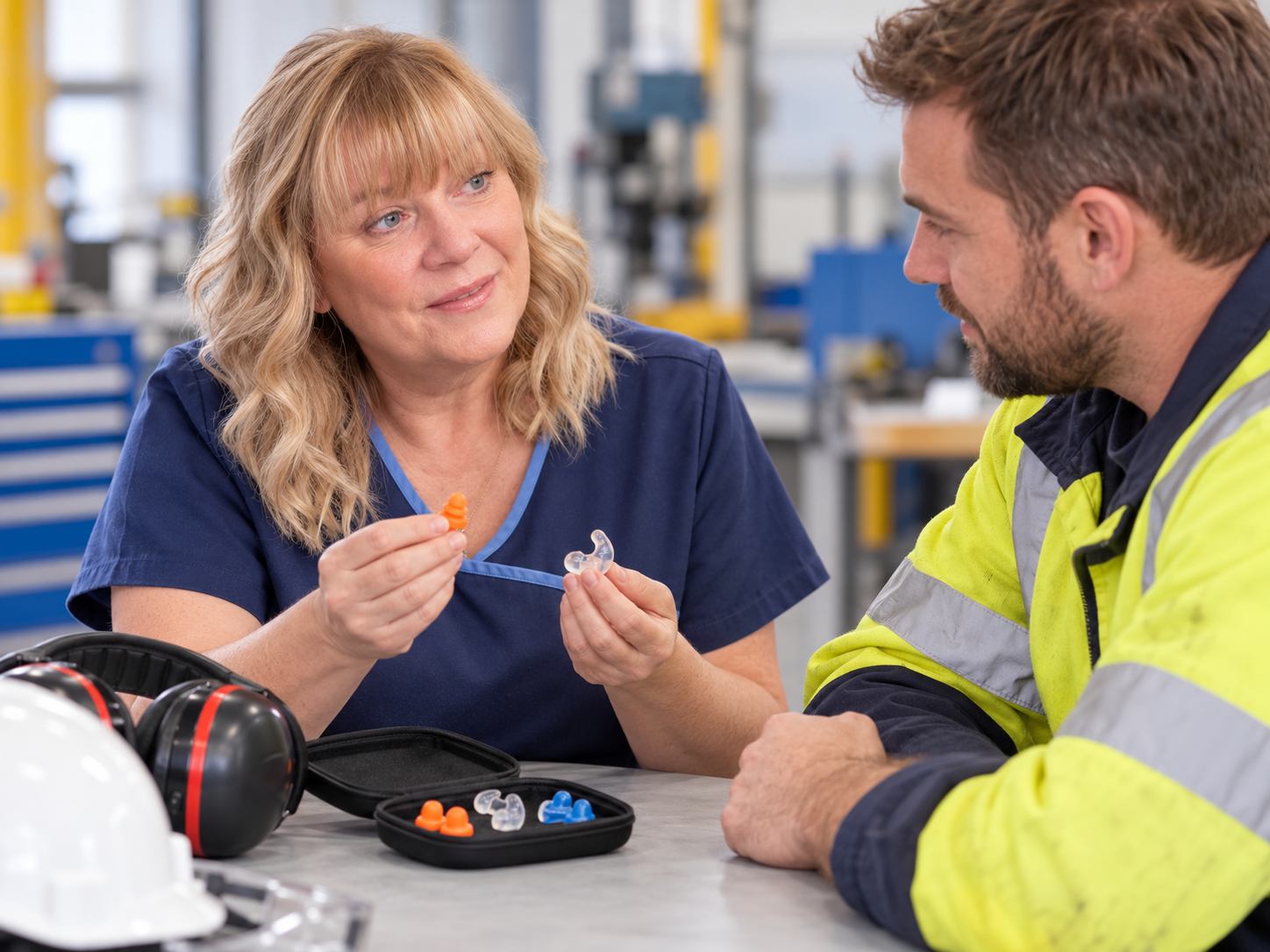 practitioner gives information about ear health and  hearing protection